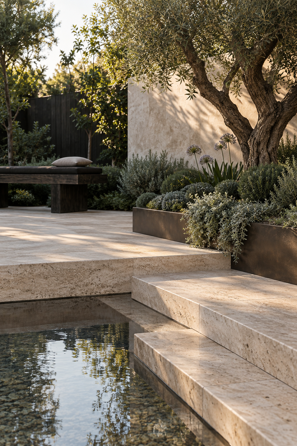Stone steps, reflecting pool and sculptural planting