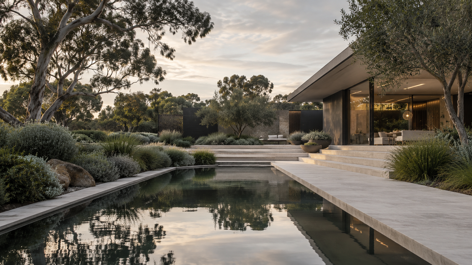 Contemporary Australian garden with native planting and reflecting pool