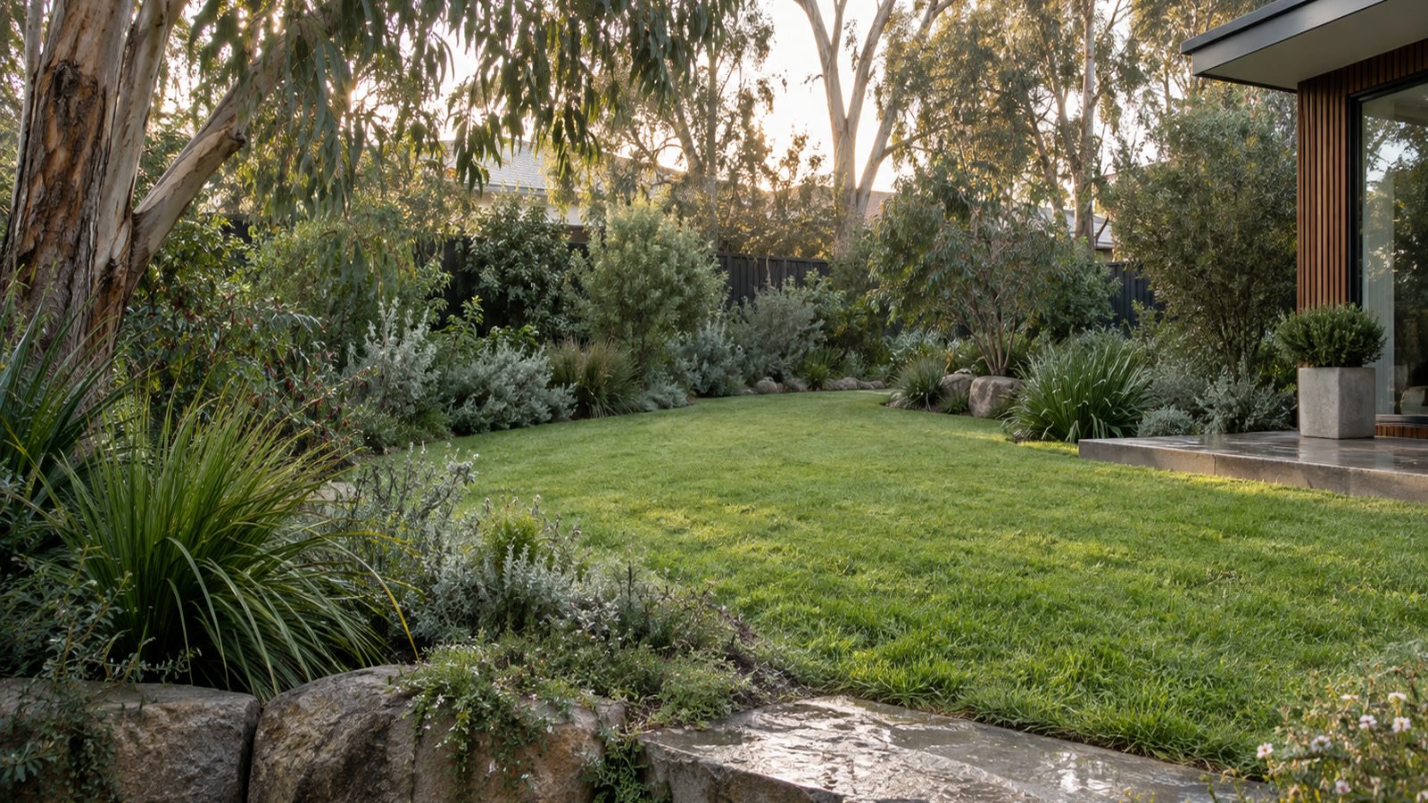 Established Melbourne garden with lawn, Eucalyptus canopy and layered Australian native planting