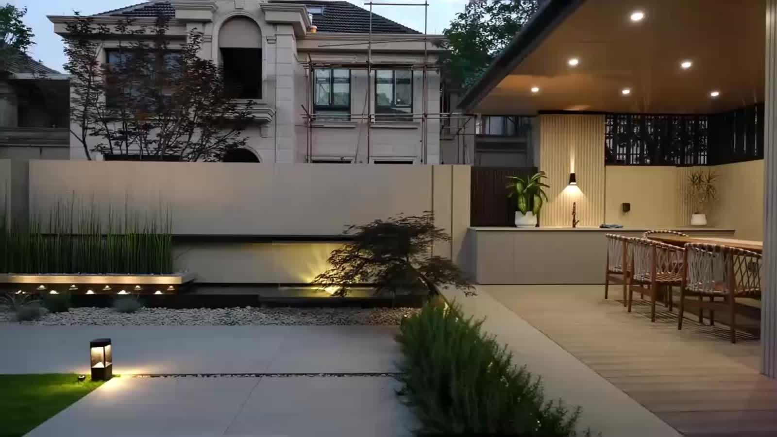 Contemporary garden with outdoor entertaining pavilion