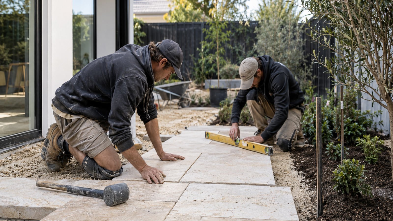Landscapers installing and levelling natural stone paving