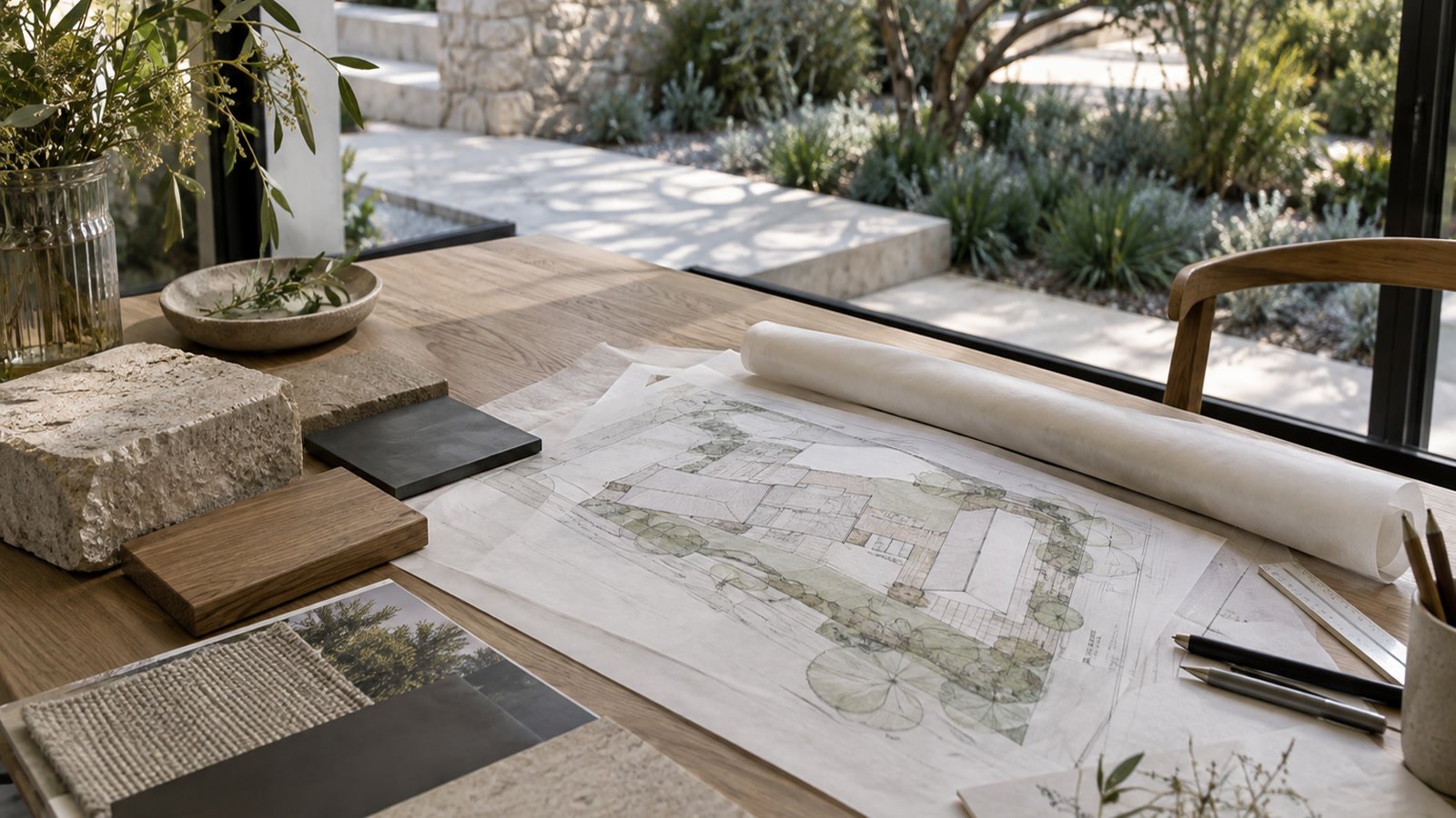Landscape plans with limestone, timber and metal material samples