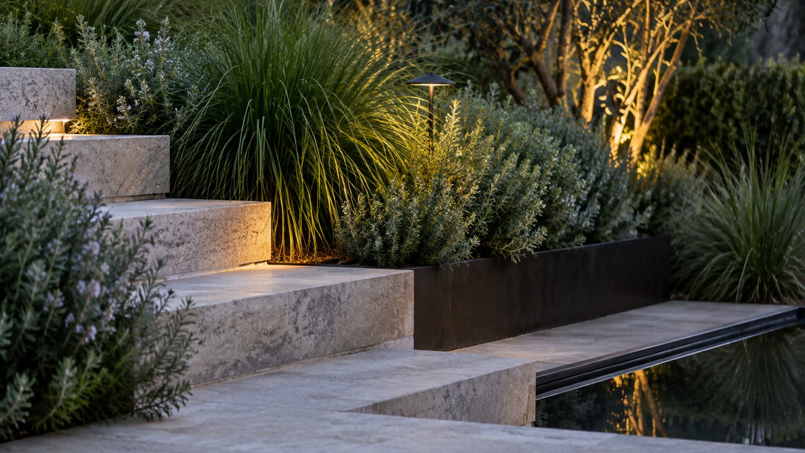Limestone steps, steel edging and layered Australian planting at dusk