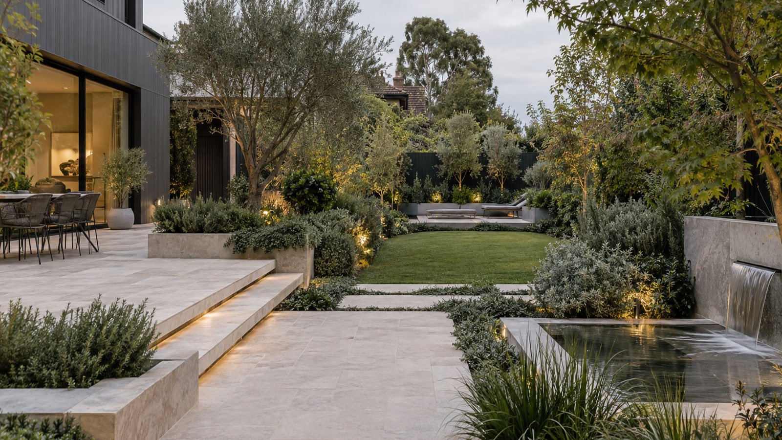 Contemporary Melbourne garden with layered planting, lawn, pale stone and integrated lighting